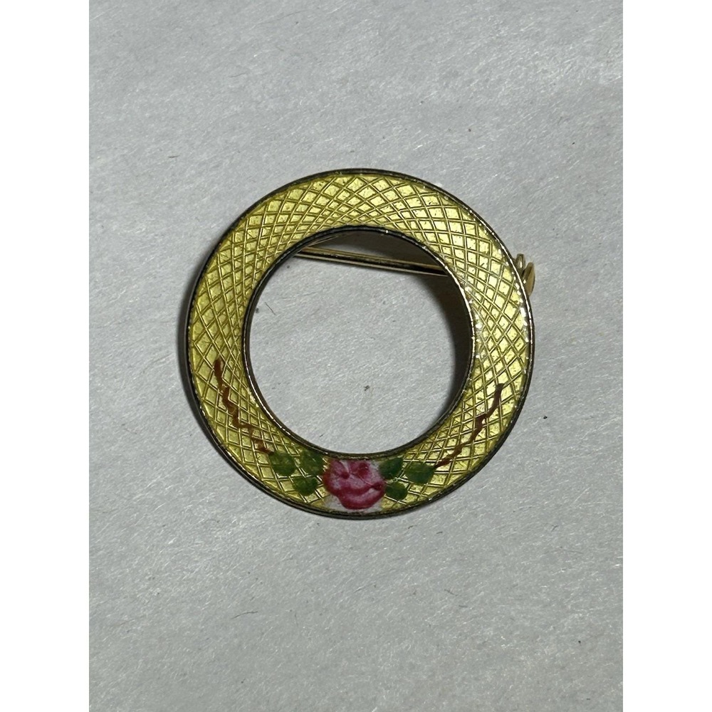 Vintage Yellow Guilloche Enamel Round Pin Brooch Wreath Jewelry Costume Fashion